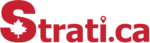 Strati.ca, in a deep red, with the outline of a maple leaf superimposed on the bottom half of the S
